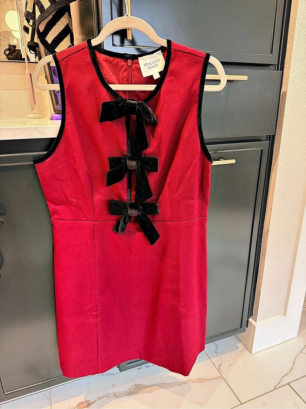 Hyacinth House Cranberry Velvet Bow Jaclyn Mini Dress Velvet Mini Dress in Red